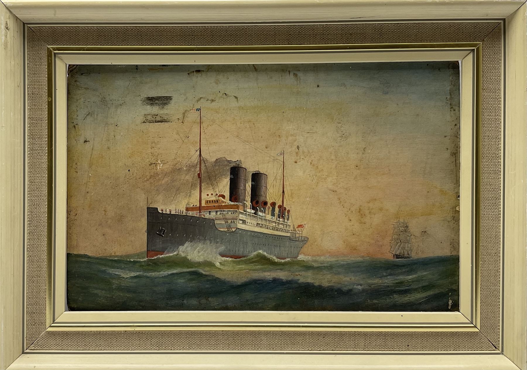J H (Early 20th century): 'SS Cameronia' & 'SS Caledonia' - Steam Ship Portraits, pair oils on board, signed with initials titled and dated 1913 verso 14cm x 23cm (2)
Notes: The CAMERONIA was a Passenger/Cargo Vessel of 10,963 tons built in 1911 by D & W Henderson Ltd Glasgow, Yard No 472 for the Anchor Line, Glasgow. Her Maiden voyage was from Glasgow to Moville and New York on 13th September 1911. She acted as troopship from 1917. On the 15th April 1917 she was torpedoed and sank in 40 minutes when about 150 miles E of Malta. Around 200 lives lost out of approximately 2,700. The CALEDONIA also built by D. & W. Henderson & Co. Ltd., Glasgow in 1904 and owned at the time of her loss by Anchor Line (Henderson Bros.). Requisitioned by the British Government upon the outbreak of war in 1914, met her fate in the Mediterranean on December 5th, 1916. When 125 miles E. of Malta she encountered the German submarine U-65, which torpedoed her without warning. The captain, Capt. James Blaikie, attempted to sink the submarine by ramming and actually succeeded in striking her. Capt. Blaikie was taken prisoner by the Germans 