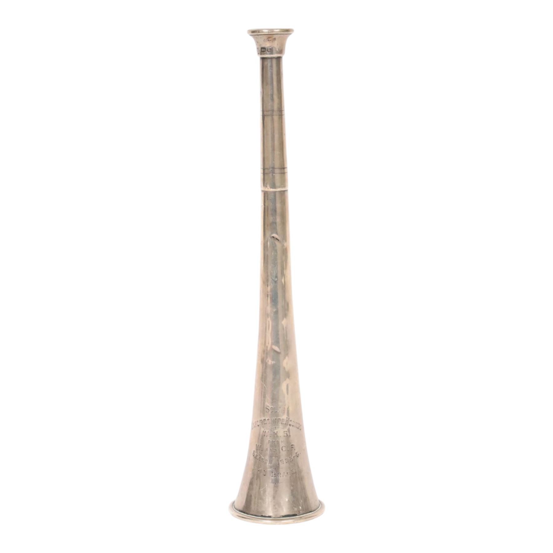 Early 20th century silver hunting horn, of typical form engraved 'South Oxfordshire Hounds W.H.B. from W. and C.F. Season 1905-6 43 Brace', marked Whippy London , hallmarked (worn and indistinct), L24cm
