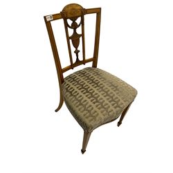Edwardian satinwood bedroom chair, the raised arched cresting rail inlaid with fan over swag and urn carved splat, patterned crushed velvet upholstered seat, square tapering front supports with spade feet