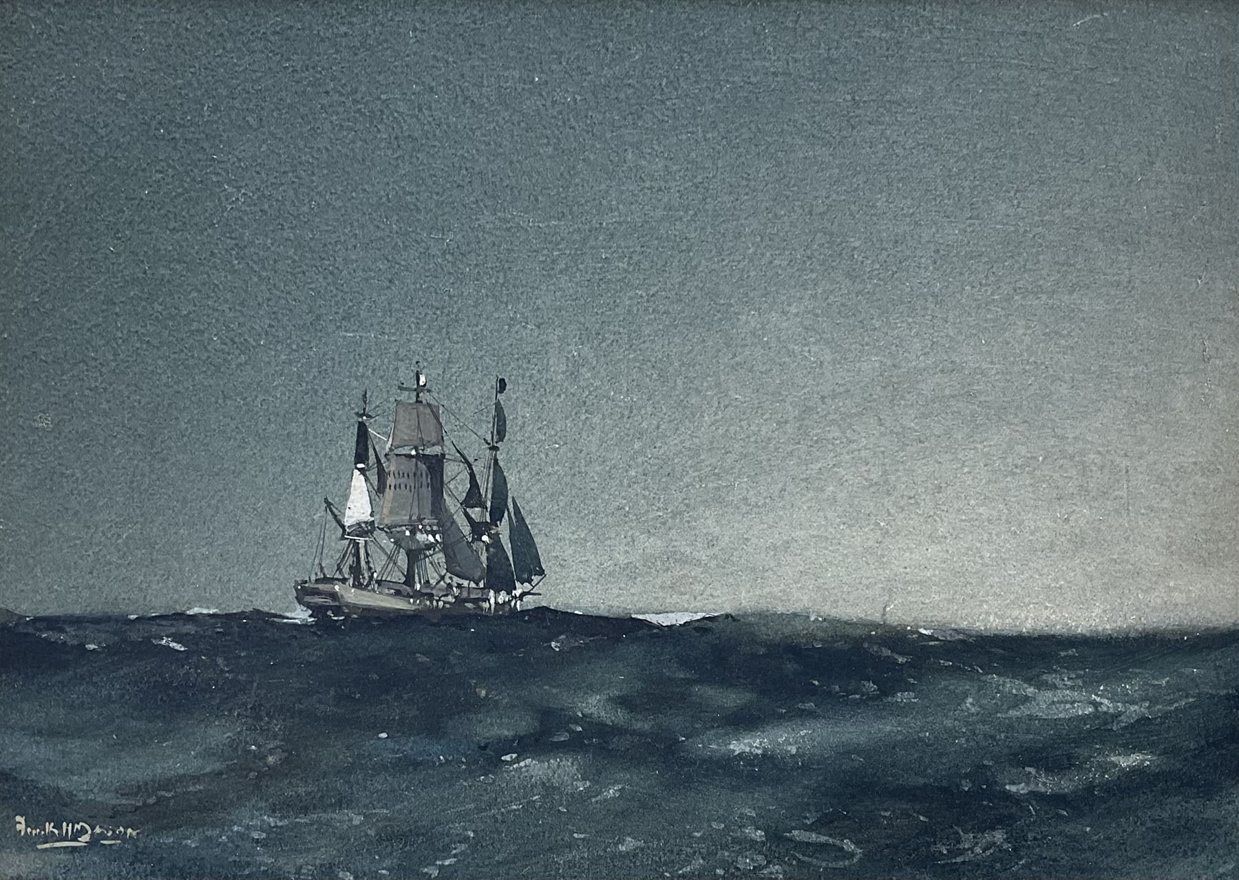 Frank Henry Mason (Staithes Group 1875-1965): Brig on a Moody Sea, gouache signed 19cm x 26cm