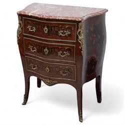 Early 20th century French walnut and rosewood marquetry bombe chest, shaped marble top over three drawers, each with gilt-metal cock-beading and handles, inlaid with overall floral decoration, flanked by gilt metal scrolling cartouche mounts and matching apron, on splayed supports
