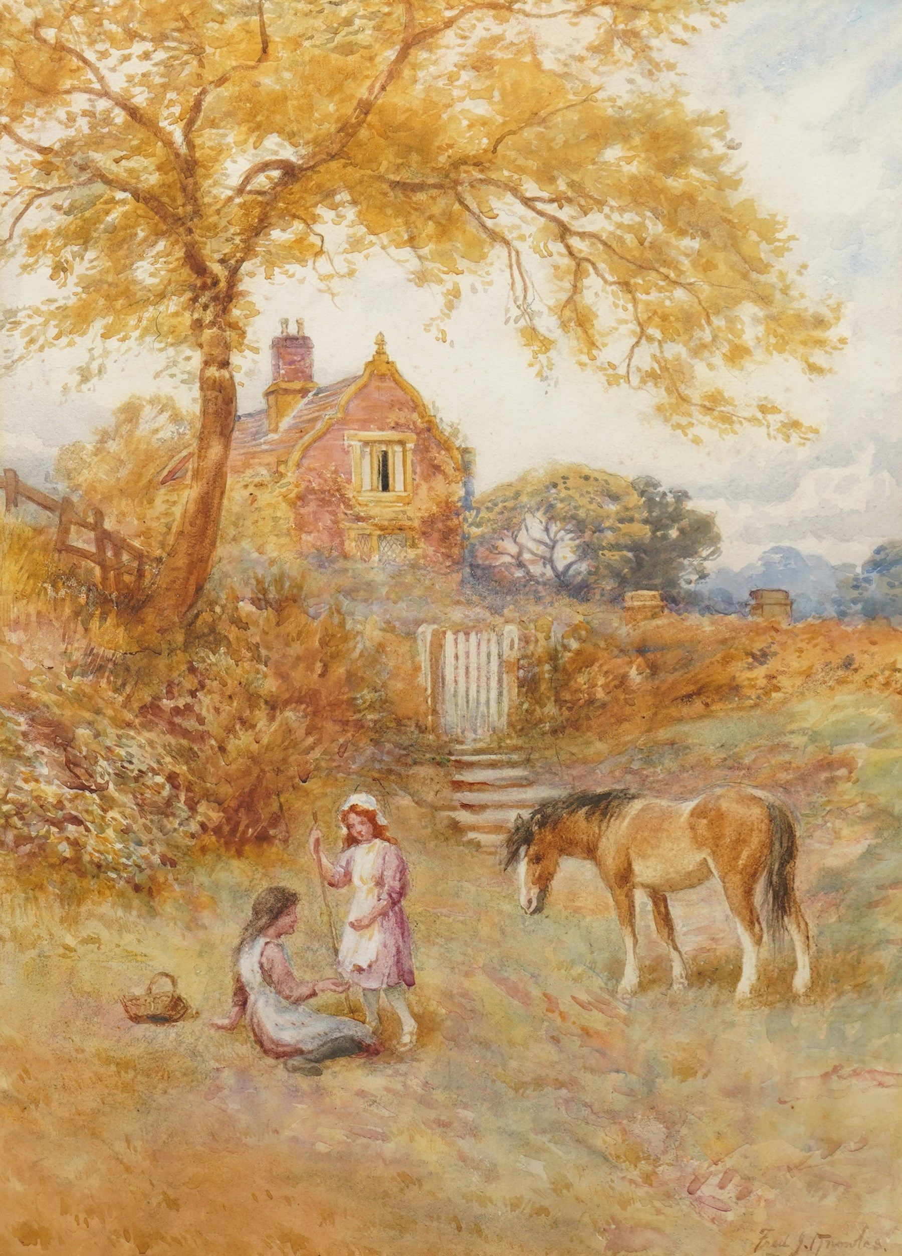 Frederick James Knowles (British 1874-1931): Young Girls and Horse in a Paddock, watercolour signed 42cm x 30.5cm
