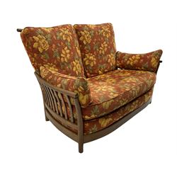 Ercol Renaissance elm two seat sofa, loose cushions in terracotta fabric