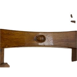 Acornman - oak occasional or side table, rectangular adzed top on shaped end supports joined by pegged stretcher on sledge feet, by Alan Grainger of Brandsby