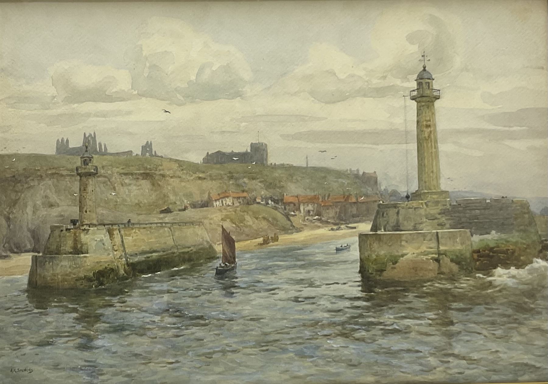 Albert George Stevens (Staithes Group 1863-1925): East and West Piers Whitby Harbour, watercolour signed 34cm x 49cm