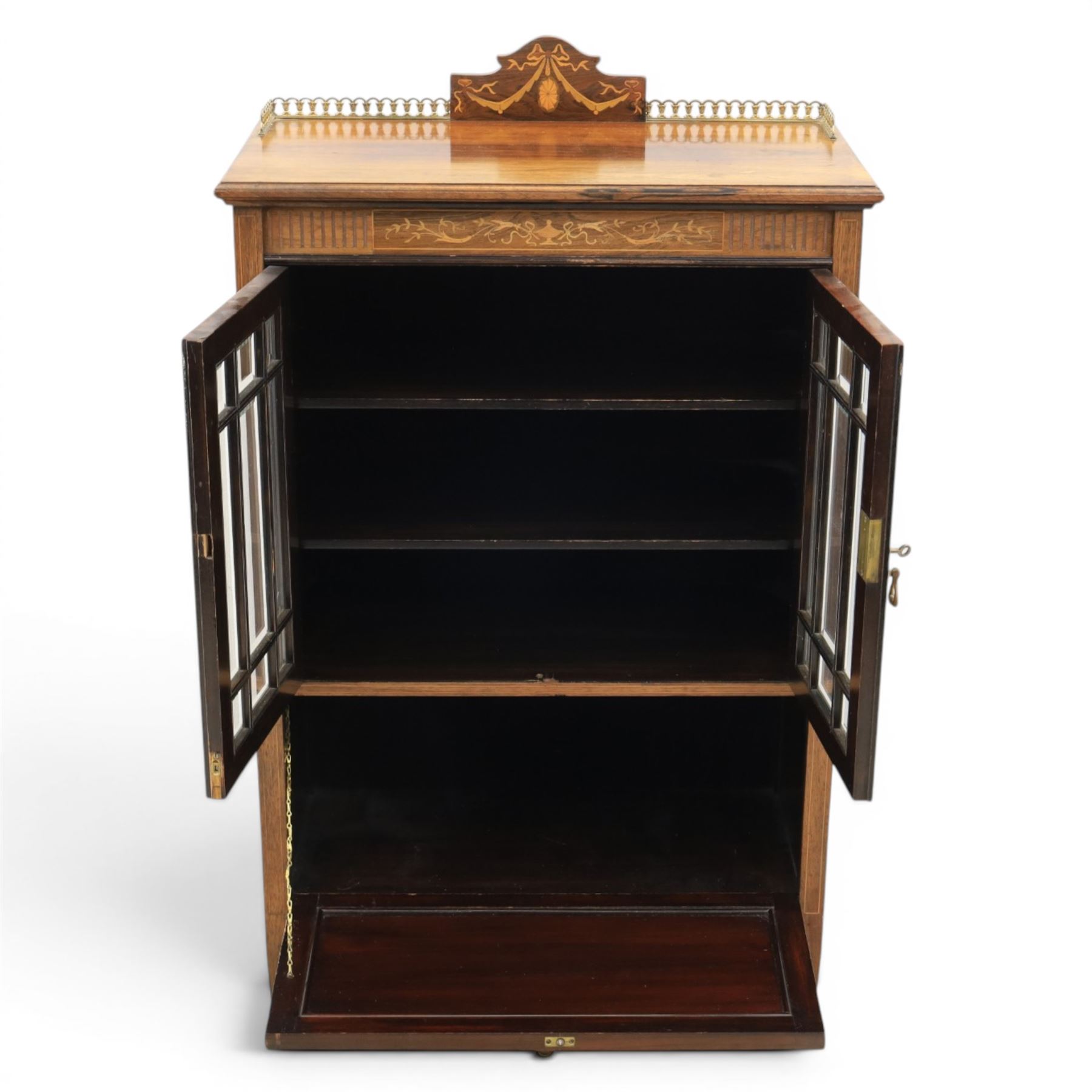 Druce & Co - Edwardian inlaid cabinet, galleried topwith inlay and brass galleried top, inlaid frieze above twin bevel glazed doors revealing a shelved interior, the lower section with fall front cupboard