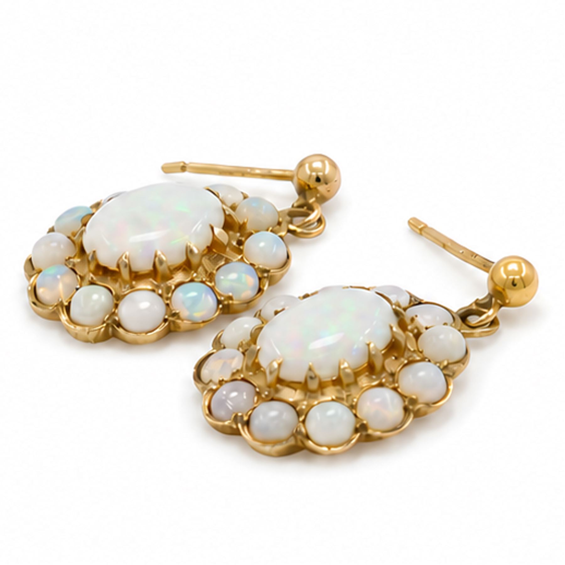 Pair of 9ct gold opal pendant earrings, each stud set with a cluster of oval cut and round cut opals, London 1976