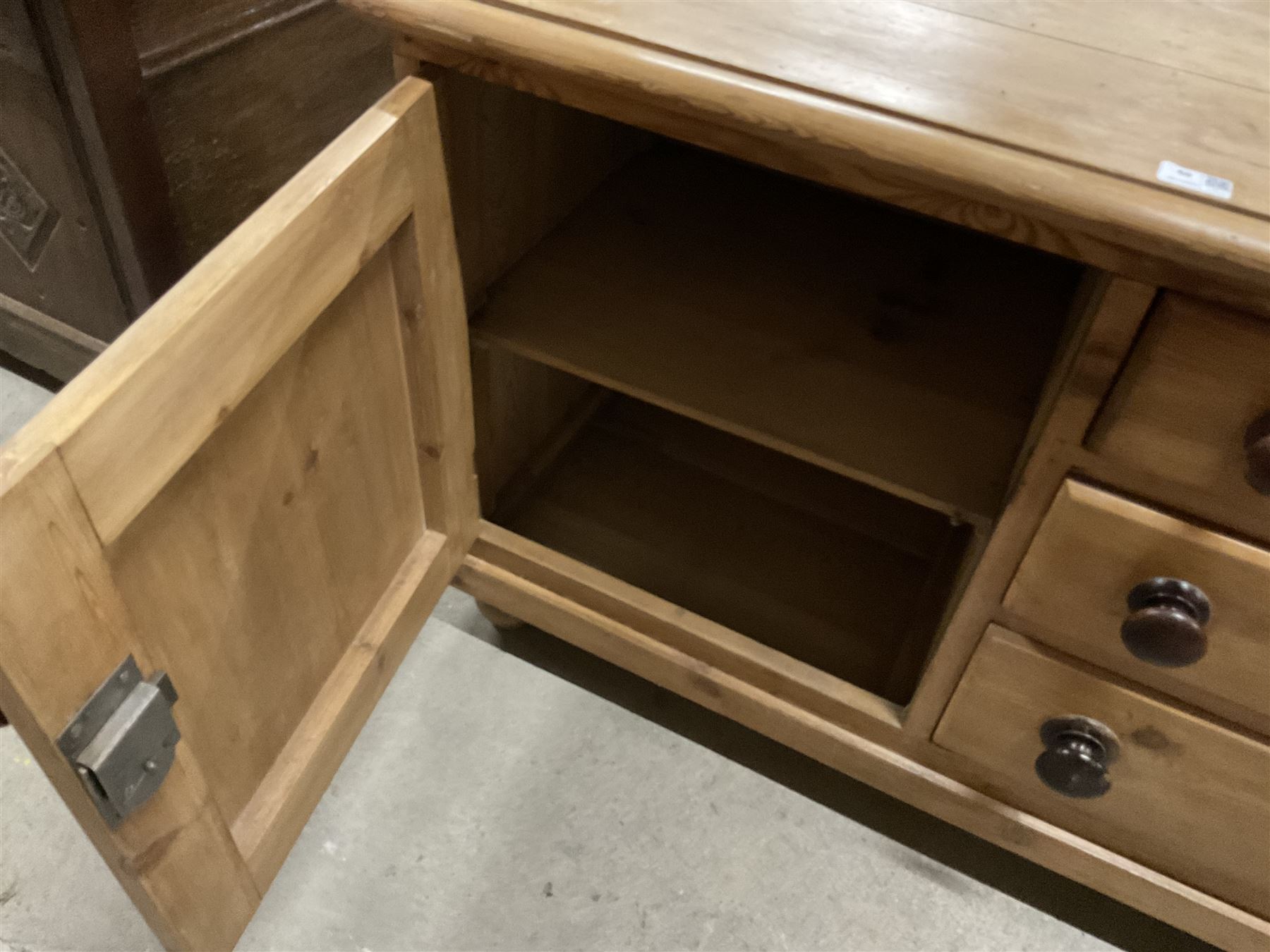 Victorian pine dresser, fitted with single cupboard door with shield shaped panel and three drawers, on bun feet - THIS LOT IS TO BE COLLECTED BY APPOINTMENT FROM THE OLD BUFFER DEPOT, MELBOURNE PLACE, SOWERBY, THIRSK, YO7 1QY