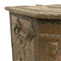 Large 19th century wooden and brass repousse coal box, rectangular form with canted front, enclosed by hinged lid decorated with figural countryside scene, the front panel depicting tavern scene at the 'Scours Contre la Soif' and initialled 'Ete', the remaining panels decorated with mythical scenes, with metal lining and hinged carrying handles, on castors
