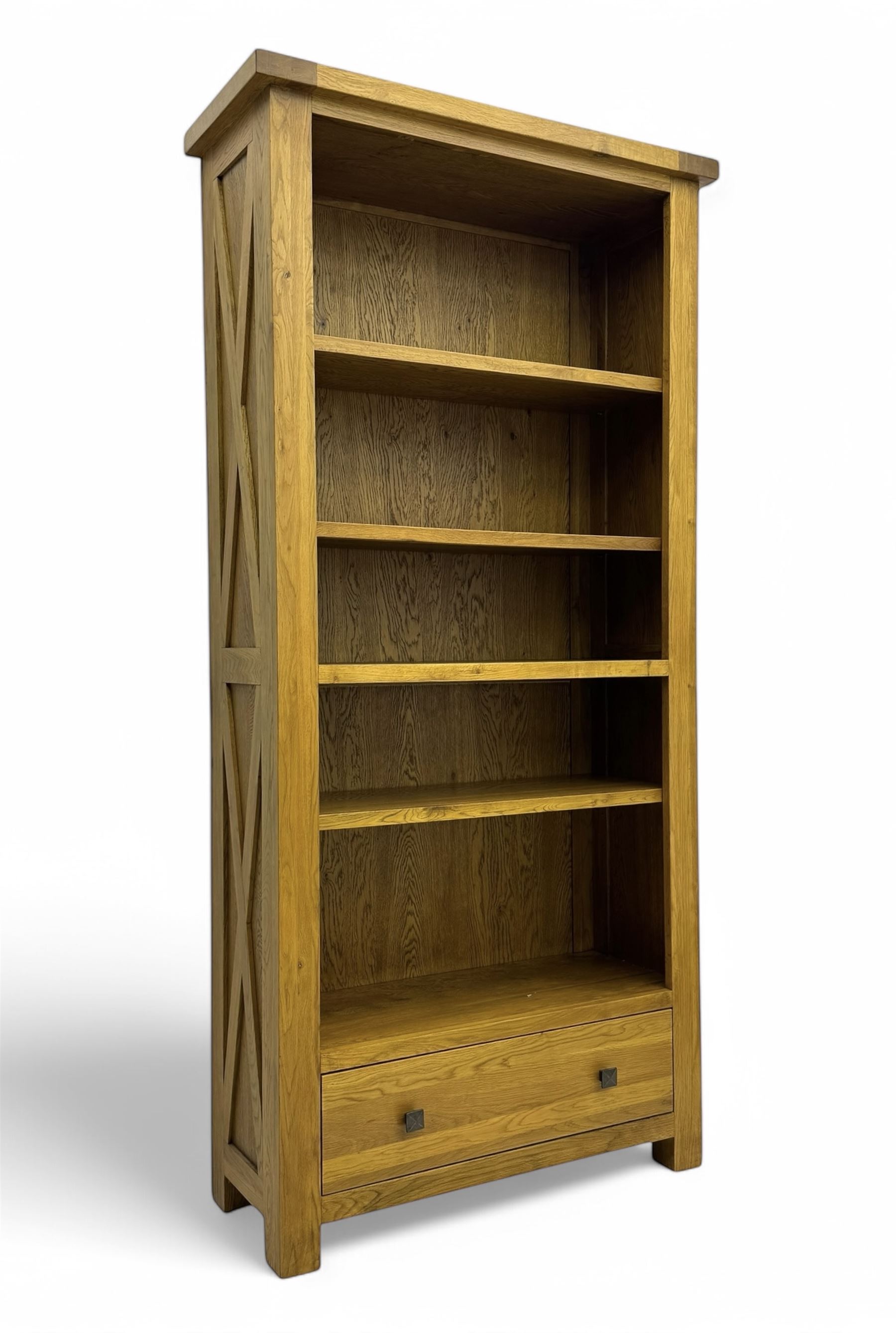 Oak Furnitureland, golden oak open bookcase fitted with single drawer