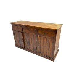 Hardwood sideboard, fitted with three drawers and three cupboards