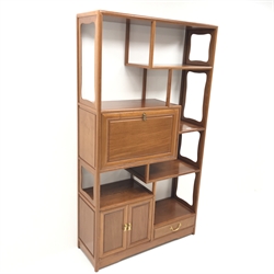 Chinese rosewood curio cabinet/wall shelf, six shelves, single fall front, drawer and two cupboards, stile supports, W102cm, H183cm, D36cm