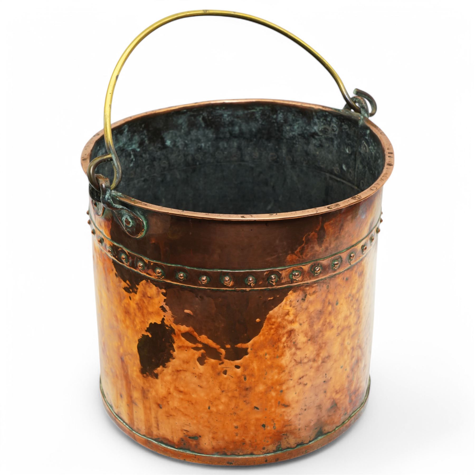 Early 20th century copper bucket, with cylindrical riveted body and brass loop handle, H31cm D34cm  