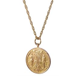 9ct gold medallion pendant depicting WW1 soldier and sailor by Thomas Fattorini, Birmingham 1919, engraved 'Presented to G.W.Childs from The H.H.W.C.' verso, on 9ct gold necklace chain