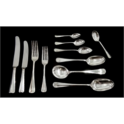 Canteen of silver cutlery for six covers, Rattail pattern by Barker Brothers Silver Ltd, Birmingham 1929-33, the knives with stainless steel blades by Yates Brothers/William Yates Ltd, Sheffield 1973-5 weighable silver approx 72.2oz cased