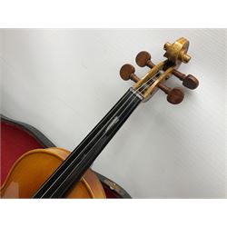 French violin for restoration with 36cm two-piece maple back and ribs and spruce top, bears label 'Lutherie Artistique M. Couturieux'; in wooden case; two modern three-quarter size violins in cases; and five violins for spares or repair