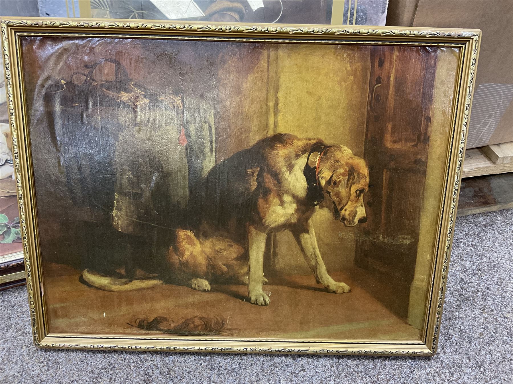After P E Marshal (British 20th century), Car Outside Inn, water colour signed and dated; after Richard Britton (British) 'Mischief Makers' (golden labradors), colour print, together with three colour prints of dogs and embossed decorative bear scene (6) 