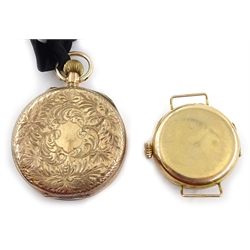  Continental 9ct gold and enamel mid size pocket watch and a similar continental wristwatch both London import marks  