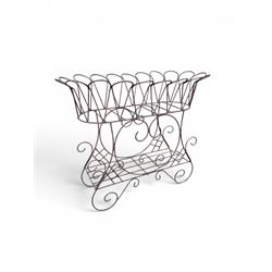 Mid-20th century wirework garden planter, oval form with heart shaped centre, under-tier s...