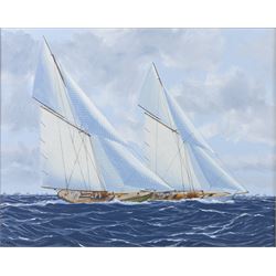 George Drury (British 1950-): 'Shamrock IV and Resolute - Americas Cup 1914', oil on canva...