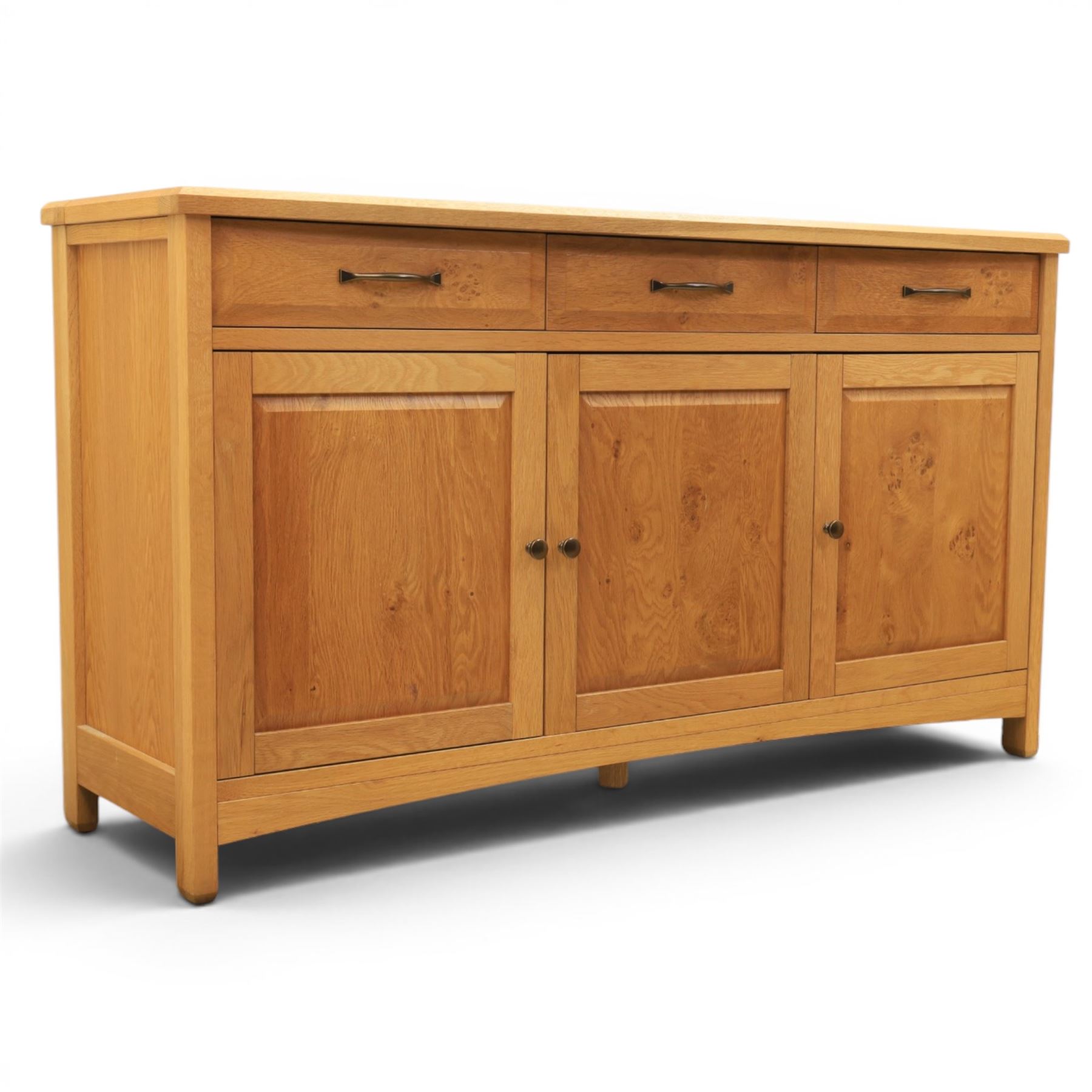 Contemporary light oak sideboard, three cupboards and three soft close drawers