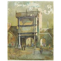 Frank Watson Wood (British 1869-1953): Walmgate Bar - York, oil on canvas board signed inscribed and dated '34, 29cm x 22cm (unframed)