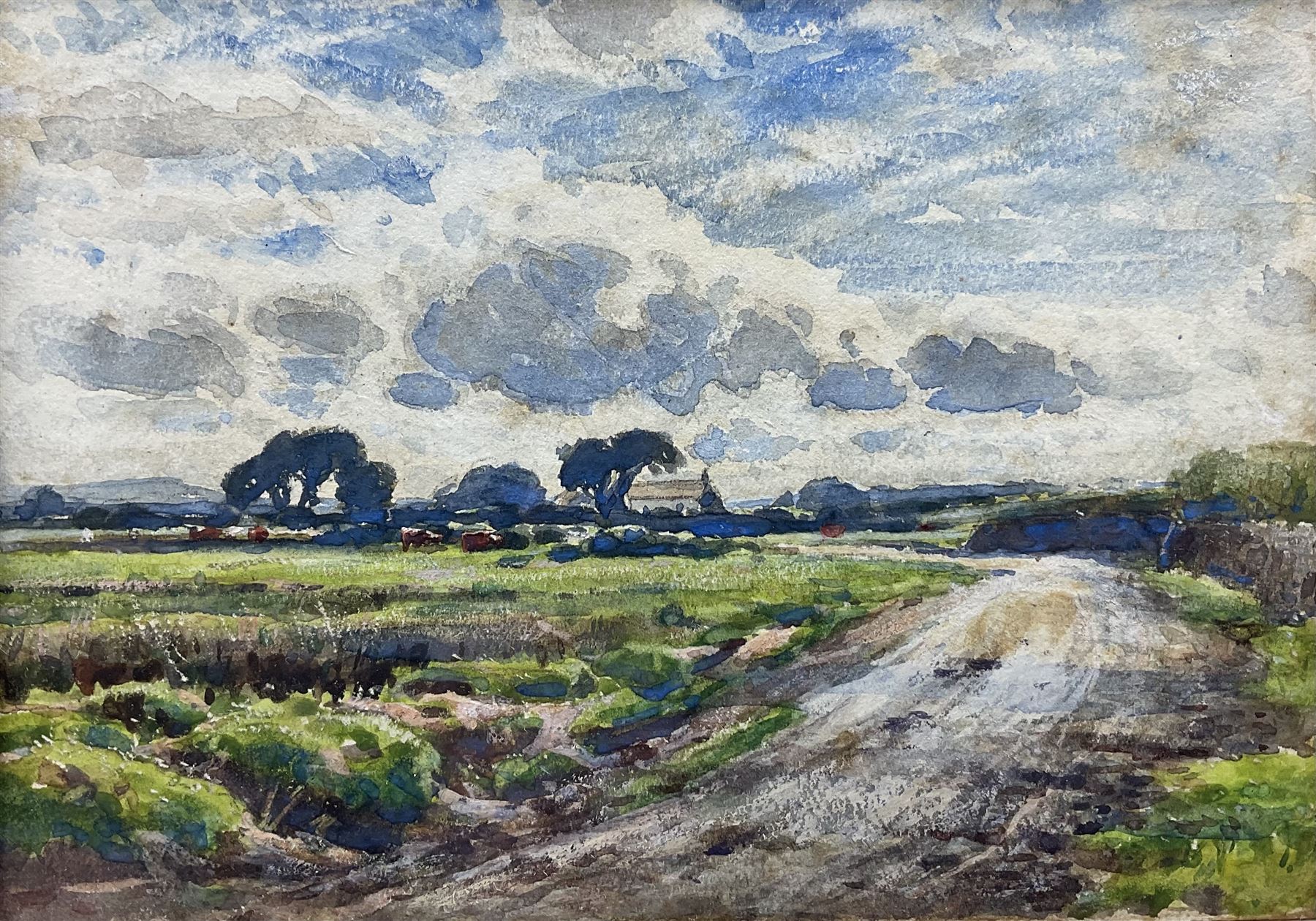 Reginald Aspinall (British 1858-1921): 'The Marsh Road - Lancaster', watercolour unsigned, titled and with original title label verso 12.5cm x 18cm 
