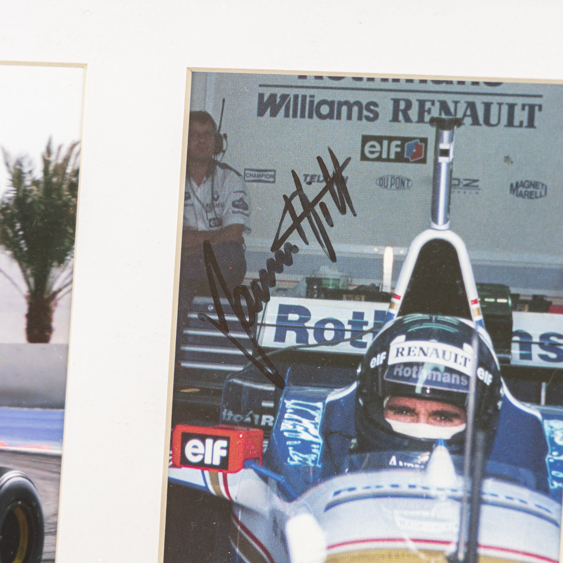 Ten signed Formula 1 photographs, comprising eight Damon Hill examples, Jenson Button and a Nigel Mansell example, nine with certificates of authenticity from Write Stuff Autographs, all framed, largest H47cm, W67cm