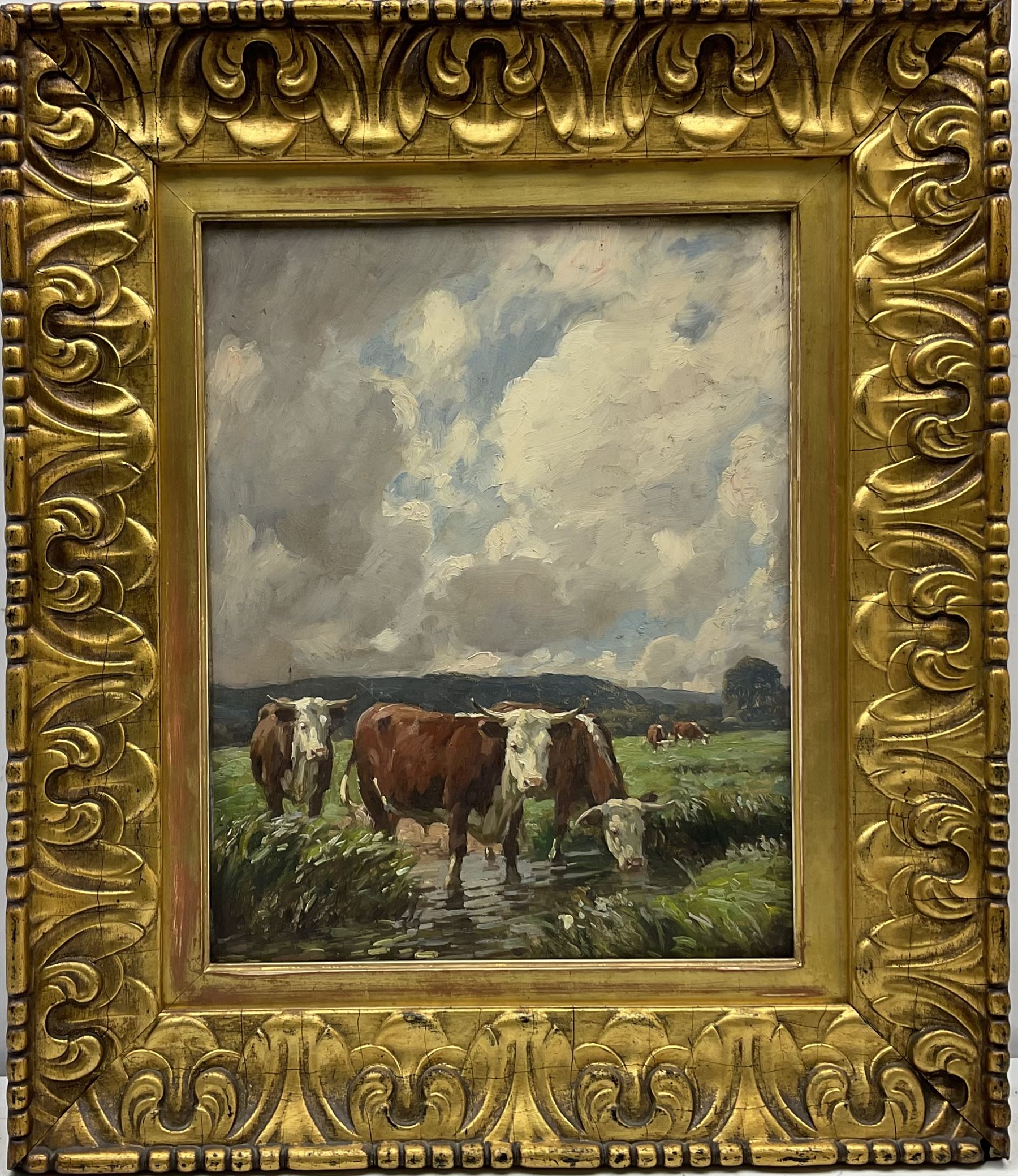 William Gunning King (British 1853-1940): Hereford Cattle Watering, oil on panel indistinctly signed and dated 1917, 36cm x 29cm
