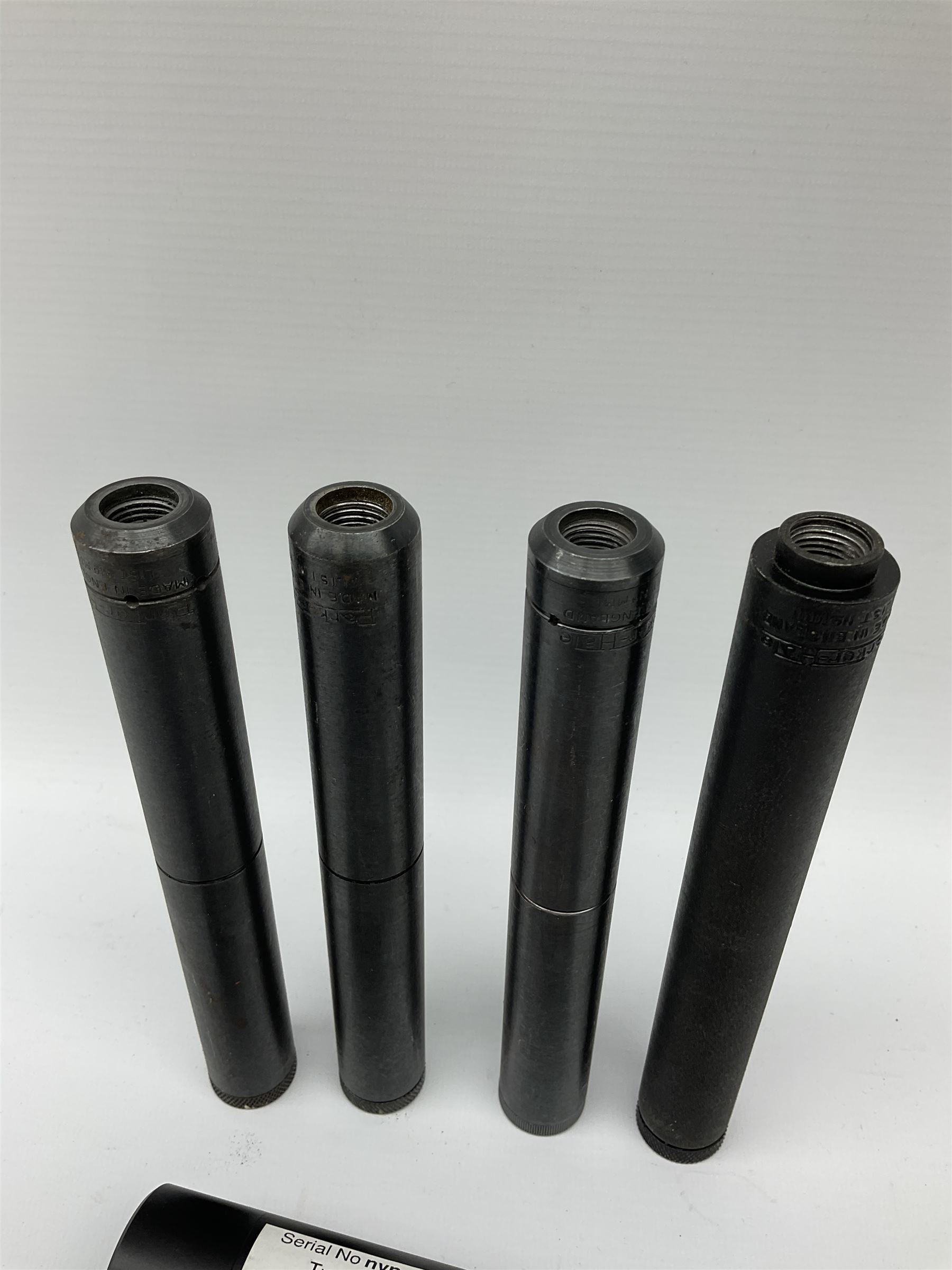 Four Parker-Hale .22 moderators and an FX  .25 air rifle moderator SHOTGUN CERTIFICATE REQUIRED