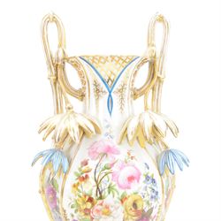 Large mid 19th century French porcelain vase, of baluster form with raised twin handles with applied stylised flower heads, the body painted with panels of pronounced floral sprays within blue and gilt borders, H58cm