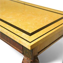 William IV mahogany and brass-inlaid marble serving table, the rectangular marble top featuring yellow tones, bordered by inlaid coloured marble bands in red and black, the frieze with brass-inlaid Boulle-inspired foliate panels on ebony, lower edge with beaded moulding, front legs inlaid with a stripped band of coromandel above carved acanthus leaves, tapering to carved lion paw feet, circa 1830