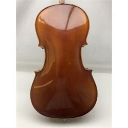 Two student half-size cellos - Boosey & Hawkes Artia with 65cm one-piece back and spruce top; bears maker's label; L104cm overall; and Romanian with 65.5cm two-piece maple back and ribs and spruce top; bears label; L108.5cm overall; each in soft carrying case with two bows (2)
