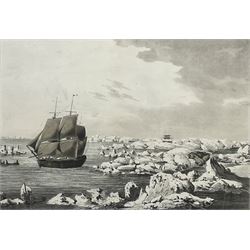 After John Webber (British 1752-1793): 'The Resolution beating through the Ice with the Discovery in the most eminent danger in the distance', page 257 from 'Captain Cook's Last Voyage vol III' engraving with hand colouring pub. 1809, 32cm x 44cm