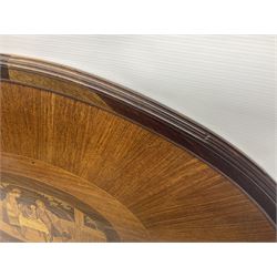 Late 19th/early 20th century mahogany and marquetry inlaid tray, of oval form with twin scrolled handles and moulded border, the central panel inlaid with figures seated at a table drinking tea, L99cm