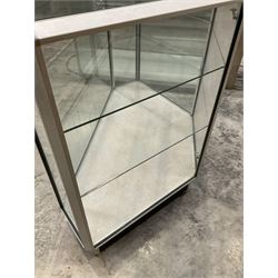Corner aluminium and glass three tier display cabinet on castors - THIS LOT IS TO BE COLLECTED BY APPOINTMENT FROM DUGGLEBY STORAGE, GREAT HILL, EASTFIELD, SCARBOROUGH, YO11 3TX