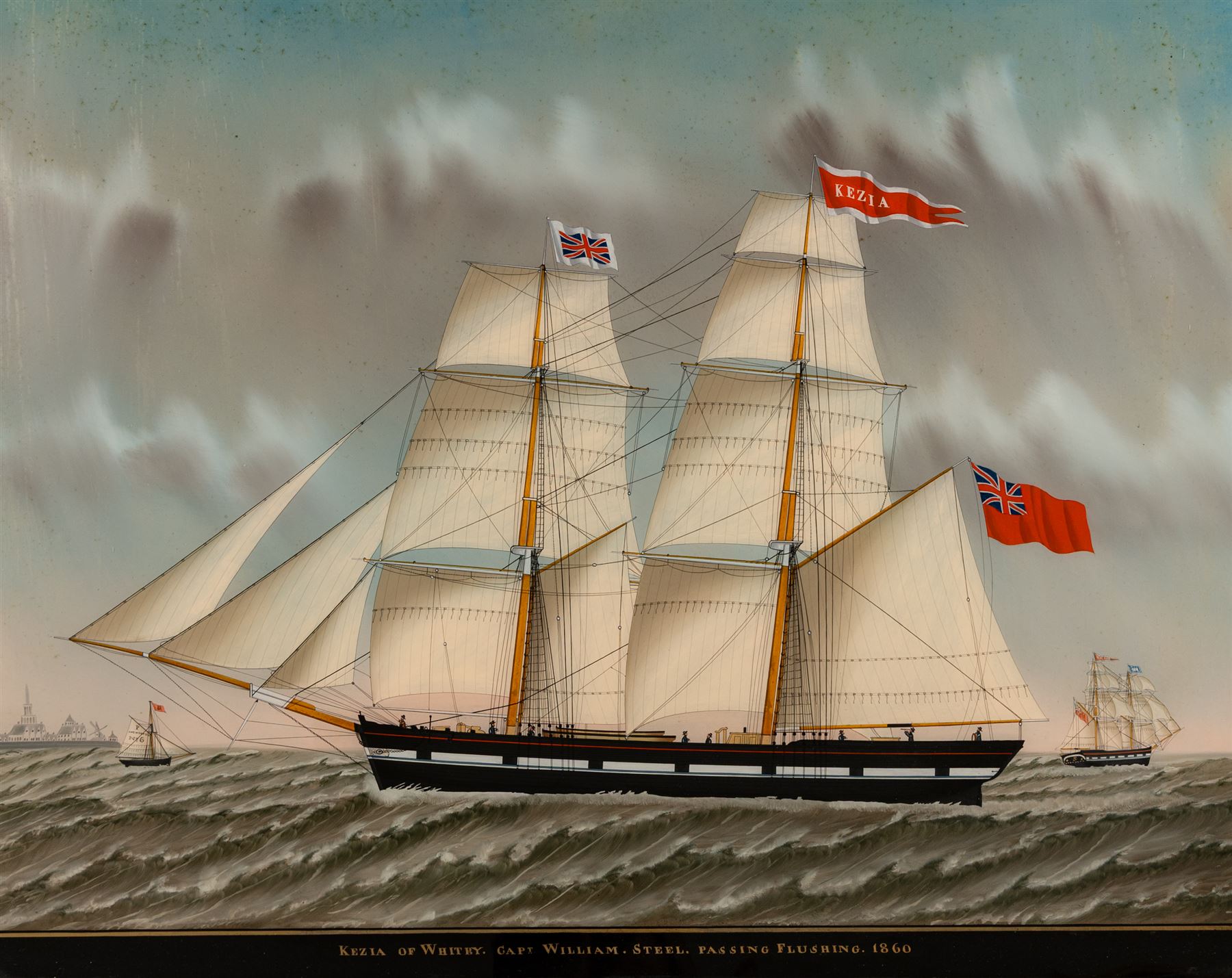 English School (19th century): 'Kezia of Whitby, Capt. William Steel, Passing Flushing, 1860', reverse painting on glass unsigned 56cm x 72cm