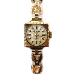  Ladies Avia 9ct gold wristwatch, square face with leaf design strap, hallmarked  