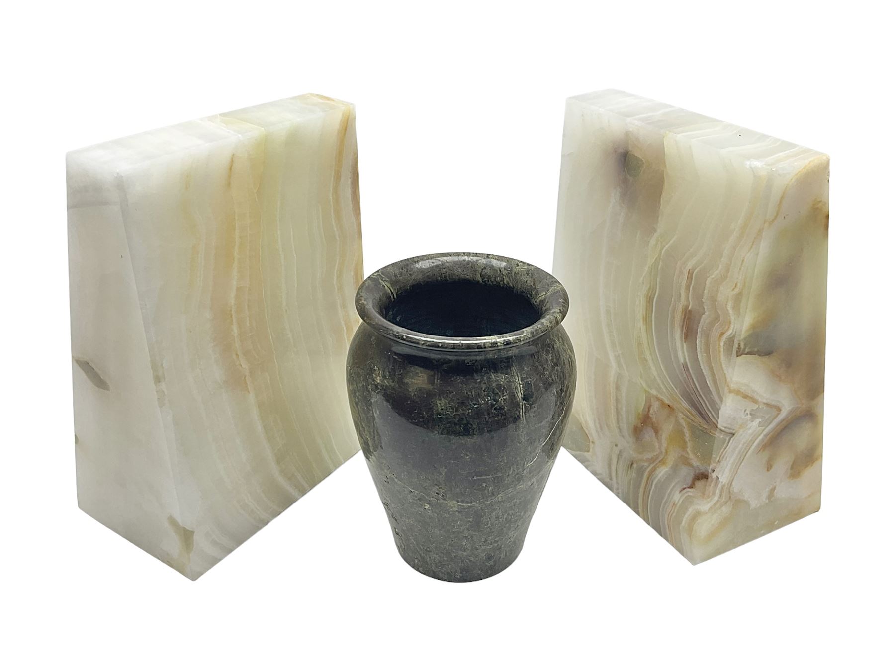 Alabaster bookends, together with marble vase 