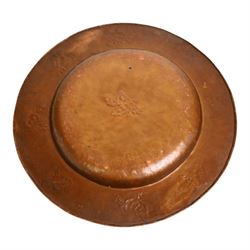 Arts & Crafts Liberty & Co copper charger embossed with stylised leaf design, stamped underneath rim, D44cm