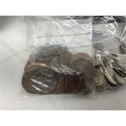 Coins including approximately 610 grams of Great British pre-1947 silver coins, pre decimal pennies and other denominations etc, housed in a small cash tin