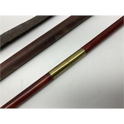 19th century continental folding knife with 15.5cm single edged blade, the pierced brass and iron handle with remains of horn grips L21.5cm overall closed; turned horn handled knife with foliate engraved blade; battlefield relic German 1884/98 knife bayonet; iron spear head; leather covered swagger stick; and two-piece gun cleaning rod