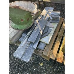 Painted Tin bath, wooden posts, marble fire surround pieces, planters and shallow glazed rectangular sink - THIS LOT IS TO BE COLLECTED BY APPOINTMENT FROM DUGGLEBY STORAGE, GREAT HILL, EASTFIELD, SCARBOROUGH, YO11 3TX