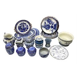 Quantity of blue and white ceramics to include Spode Italian pattern shallow bowl, Booths plate decorated with willow pattern, Wedgwood Jasperware tulip vase, T.G Green Cornish ware lidded storage jar, Delft style ceramics etc in two boxes