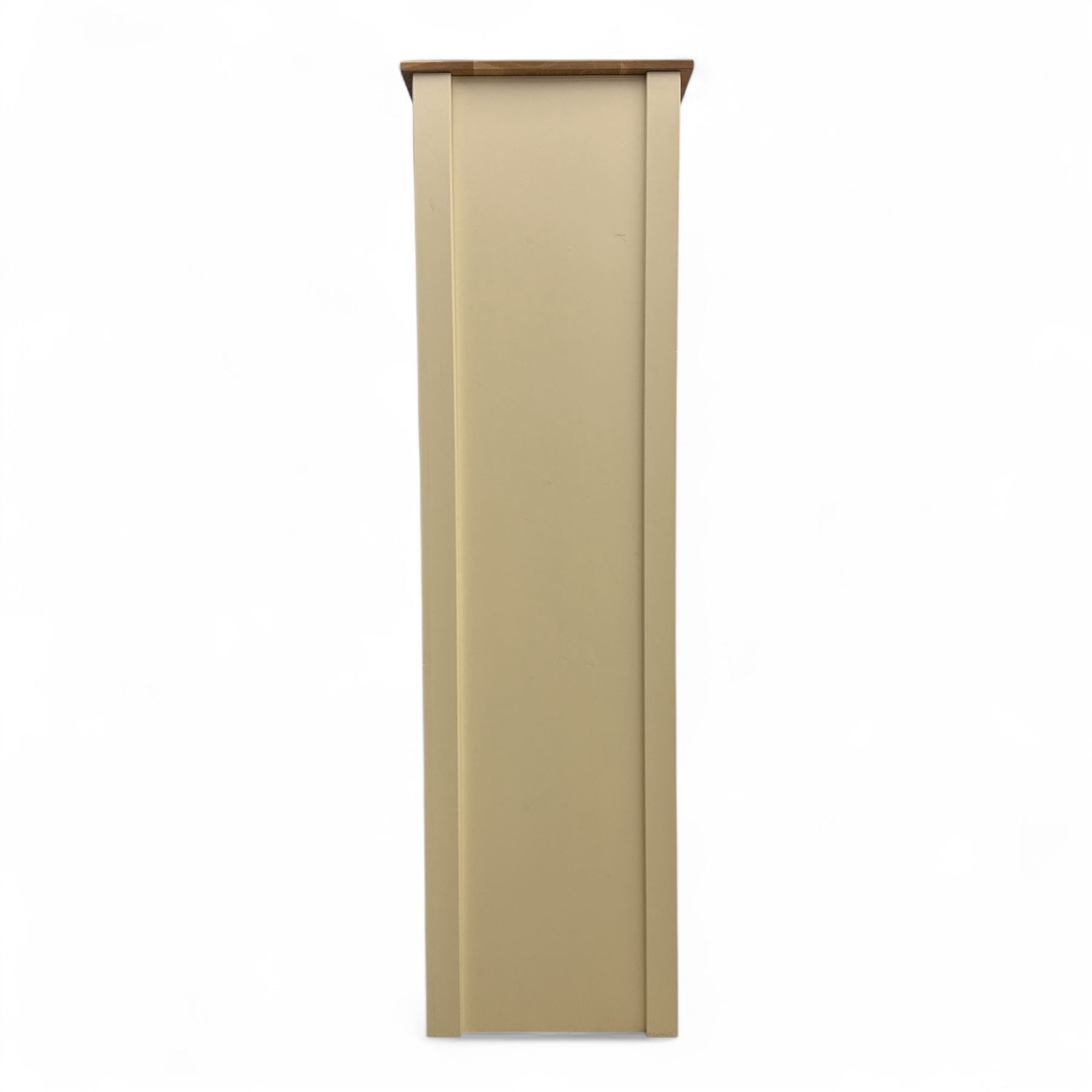 Contemporary painted pine single wardrobe, rectangular oak top over a single panelled door with round metal knob handle, enclosing part boarded interior with hanging rail and two fixed shelves