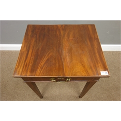  19th century figured mahogany side table with single drawer, square tapering supports, W51cm, H71cm, D42cm  