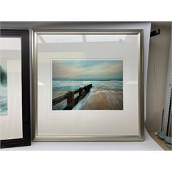 Lee Wilson (British Contemporary): Beach Scene and Crashing waves, two colour photographic prints; large photograph collage of Laurent Perrier Champagne; engraving of Ancient Norman Porch - St Mary's Church York; two signed illustrated poems by Christopher Curtis and two other prints (9)