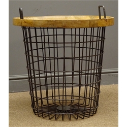  Industrial style metal wire work basket/table with circular hardwood top, H55cm, D55cm  