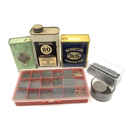 Three tins of gunpowder by Schultze, Curtis's & Harvey and Nobel Glasgow; and quantity of various sized lead shot in modern plastic boxes. SHOTGUN CERTIFICATE REQUIRED