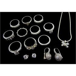 Silver stone set jewellery including ten rings, two pairs of earrings and a butterfly pendant necklace, all stamped 925
